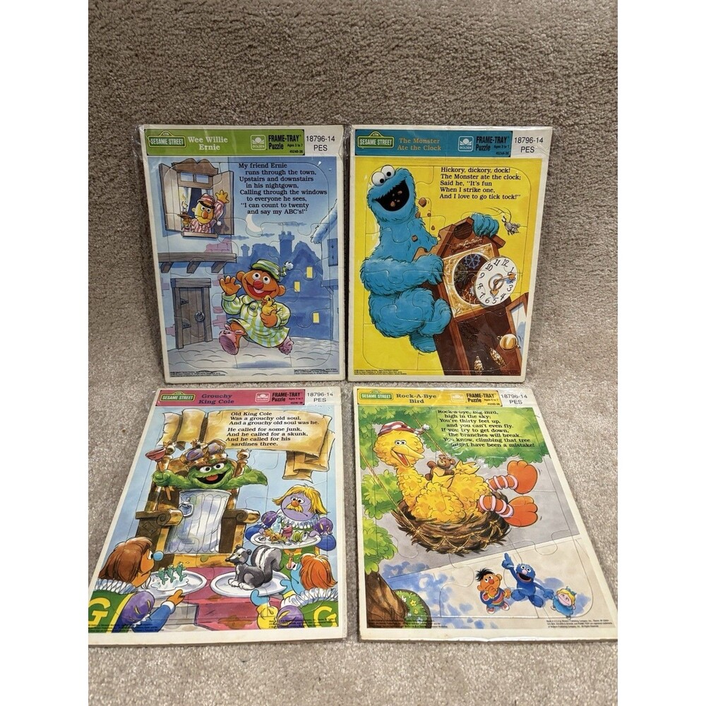 Vintage 1989 Sesame Street Frame Tray Inlaid Puzzle‎ Lot of 4 Nursery Rhymes